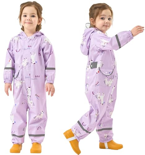 Fewlby Girls Puddle Suit All in One Waterproof Suit, Kids Rain Suit Waterproof Overalls Rainsuit Purple Unicorn Muddy Suit One Piece Raincoat Hoodie Rainwear, 1-3 Years S Size
