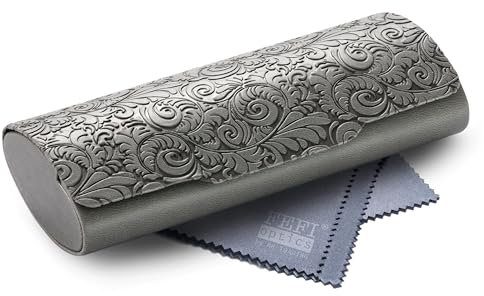 FEFI Brillenetui Hardcase – Premium Kunstleder & Softtouch – Florale Prägung in Relief-Optik – Magnetverschluss – Perfekter Schutz – inkl. Mikrofasertuch – Damen & Herren (Grau)