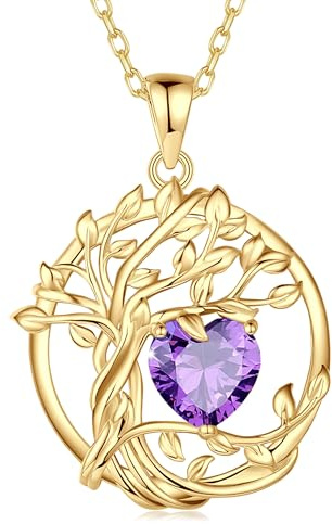 FANCIME Arbre de Vie Pierre de Naissance de Février Améthyste Collier | Argent Sterling 925 Plaqué Or 14 Carats, Bijoux Fin, Noël Fête des Mères Anniversaire de Naissance Cadeau pour Femme Elle