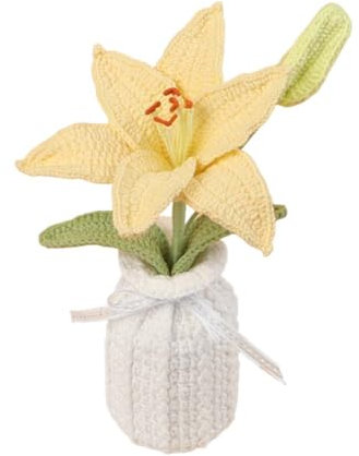 Magicherry Piante in vaso di giglio finite all'uncinetto, fiori artificiali fatti a mano a maglia con squisito vaso lavorato a maglia per auto, cruscotto, casa, ufficio, scrivania, colore: giallo