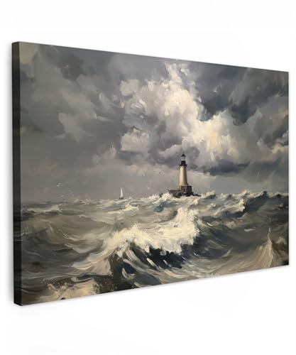 MuchoWow© Wandbilder Groß XXL Schlafzimmer Home Deko Wohnung Bild | 120x80 cm - Wohnzimmer Fotoleinwand Wand Bilder Leinwand Wall Decor Leuchtturm - Wellen - Sturm
