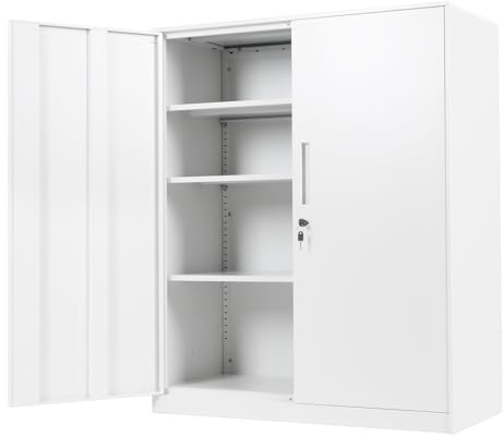Chiidou Metal Storage Cabinet with Lock, 4-Tier Adjustable Shelving Filing Cupboard Unit for Office Files, Home Garage & School Organisation Off-white