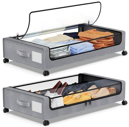 Hsyan 2 Stück Unterbett Aufbewahrungsbox 50L Unterbettkommode mit Rollen Bettkasten Organizer mit PVC Deckel Unterbettbox für Kleidung Schuhe Decken Bettwäsche, 2er-Pack