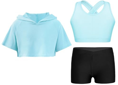 Lpdshaa Completo Sportivo da Allenamento Bambina 3 Pezzi Tuta Ginnastica Artistica Danza Hip Hop Hoodie Felpa con Cappuccio + Reggiseno Sportivo + Pantaloncini Sportwear