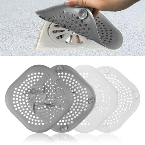 4Pcs Silicone Drain Cover with Suction Cup, 6 Inch Sink Strainer Drain Protector, Shower Drain Covers Hair Catcher, Anti-Clogging Drain Protector Plug Filter for Bathroom Bathtub Kitchen Outdoor