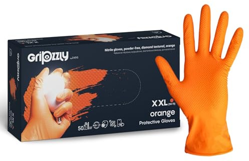 Zarys - Guantes de protección mecanicos extra fuertes y resistentes, color naranja nitrilo, textura diamante, talla XL- Caja de 50 piezas