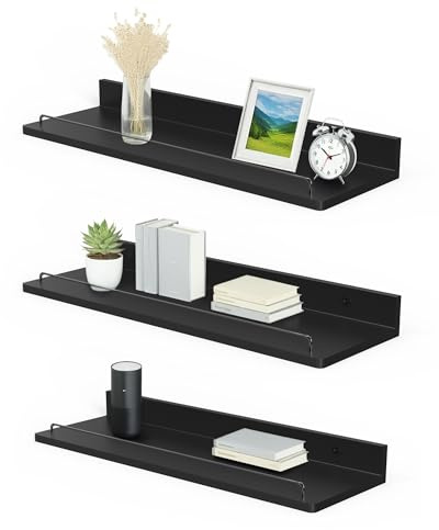 Jemyxhw Estanteria Pared Flotantes de Madera Juego de 3 Baldas Pared para Baño, Entrada Recibidor, Cocina, Salon 14x40 cm (Negro)