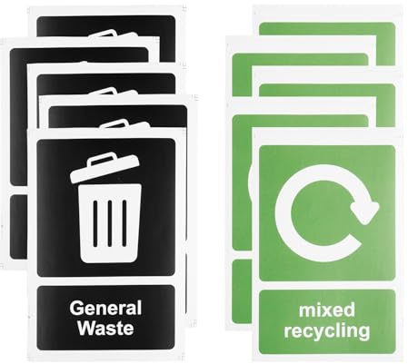 Tabanzhe Recycling Bin Stickers 10 Pack, Self Adhesive Waterproof Vinyl Recycling Signs for Bins, General Waste & Mixed Recycling Labels for Kitchen, Office and Outdoor Bins (150 x 100 mm)