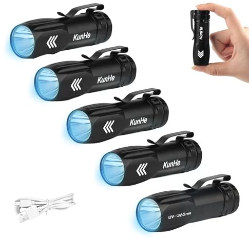 KunHe 5er Set UV Taschenlampe 365nm LED Schwarzlicht Lampe Wiederaufladbar für Hautpilz-Erkennung, Dokumentenprüfung, Qualitätskontrolle & Forensik