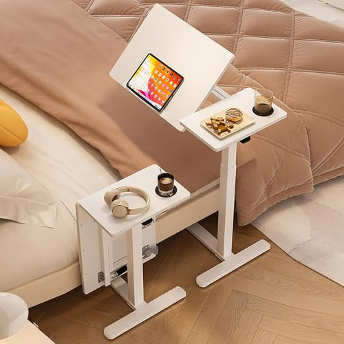 VOLDAX Mobiler Beistelltisch Höhenverstellbarer Pflegetisch für Bett mit 4 Rollen, 66.5-103.8cm Gestell aus Metall Kleiner Laptoptisch für Büro Wohnzimmer(White)