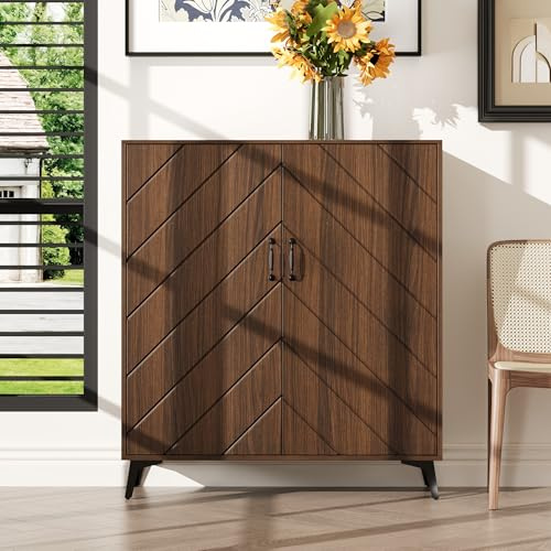 PREMTURE Aparador vintage marrón nogal 100 x 38 x 115 cm – Cómoda de alta calidad con puertas de madera auténtica y patas de metal, armario de almacenamiento retro para salón, comedor o pasillo