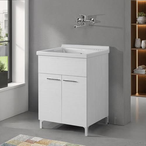 Mobile Lavatoio 60x60 Cm Con Vasca In Ceramica Colore Bianco Frassino Due Ante Contenitore Lavandino Per Lavanderia, Garage, Bagno Serie Revine
