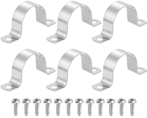 sourcing map 6Pcs 40mm Pipe Clips, 304 Stainless Steel Pipe Clamps Two Hold U-Shaped Bracket Tension Tube Strap for Fixing Tube Cable, Silver