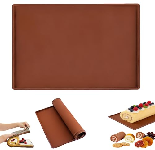 Silikon Backmatte mit Rand, 40x30 cm Silikonmatte Backofen, Antihafte Biskuitrollenmatte Silikonbackmatte, Silicone Baking Sheet, Dauerbackmatte Braune Silikonmatte für Küche,Backen,Gebäck,Teig,Pizza