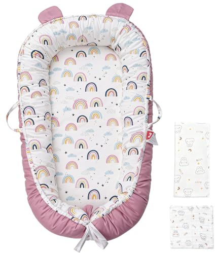 Huracan Nido neonato, paracolpi da 0 a 12 mesi, 100% cotone, double face e lavabile, paracolpi con coperta da 85 × 85 e 5 panni in mussola, nido di peluche portatile, regalo per bambini