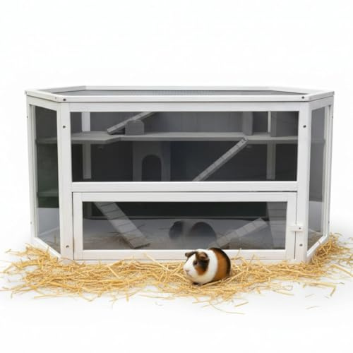 Melko Kleintierkäfig Hamsterkäfig 6-eckig 3 Ebenen 115x60x58 cm Holz | Front aus Plexiglas für freie Sicht, aufklappbarer Deckel, inkl. 2 Häuschen und 2 Wippen, Stahlgitter, für Mäuse und Ratten