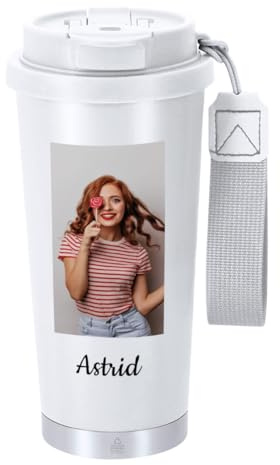 DEREGALOOS Vaso Térmico Personalizado con Inicial y Nombre. Bidón Reutilizable de Acero Inoxidable Reciclado. Tapa Hermética con Pajita Integrada. Cinta de Transporte. 500 ml (Blanco)
