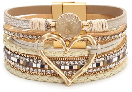 Zirax Boho Leather Bracelets for Women Multilayer Wrap Cuff Bangle Cream Yellow Magnetic Alloy Buckle Festival Jewellery