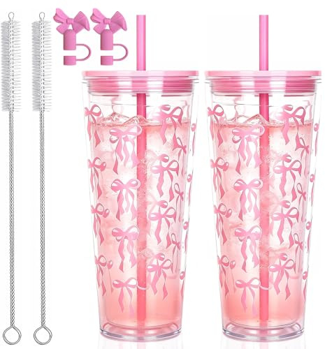 Agarte Confezione da 2 bicchieri riutilizzabili da 700 ml con cannuccia e coperchio, in plastica trasparente, per caffè ghiacciato, riutilizzabili, per ufficio, viaggi e uso quotidiano, regali per