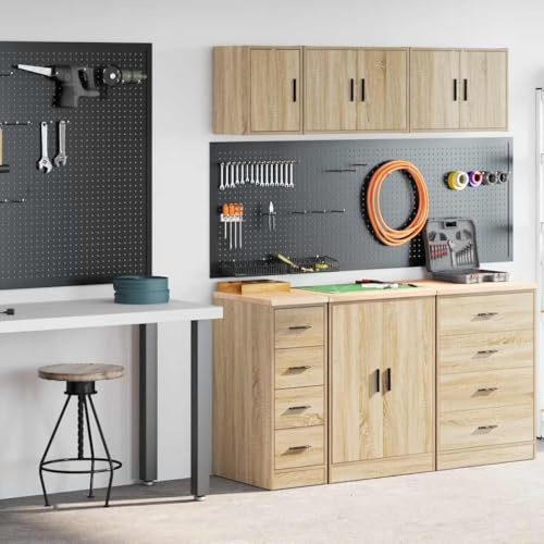 Ordellia Lot de 2 armoires de garage en chêne Sonoma et bois de pin, armoire à outils avec plan de travail, armoire murale, armoire de rangement pour garage, atelier, bureau, rangement
