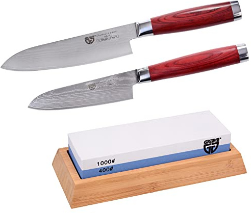 GRÄWE Santokumesser Messerset - 2er Pack, Damastmesser mit Holzgriff, 12 cm & 17 cm Klinge im Set inkl. Wetzstein 400/1000