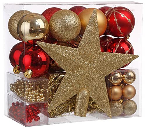 Atmosphera - Kits de Boules de Noël avec Cimier - Décoration de fêtes pour Sapin de Noël - 44 pièces Rouge/Doré