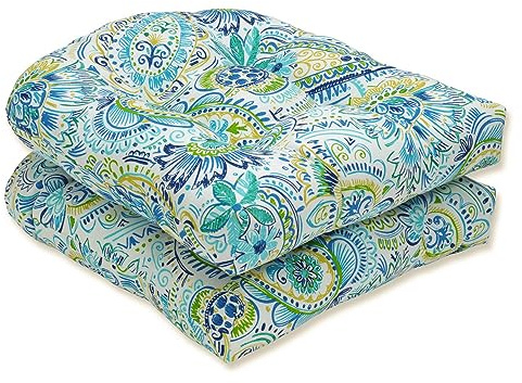 Pillow Perfect Paisley Indoor/Outdoor Chair Seat Cushion, Tufted, Weather, and Fade Resistant, 19 x 19, Round Corner, 2 Count, Blue/Yellow Gilford