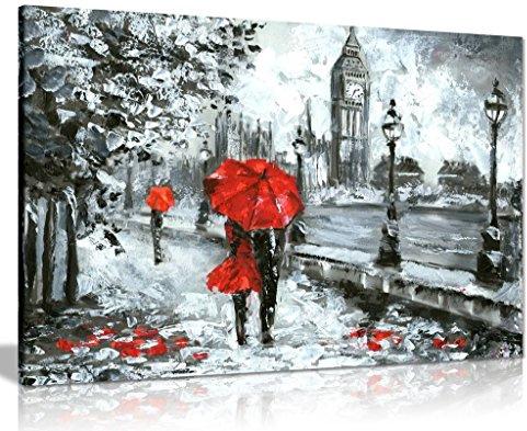 Oil Painting Street View Of London Artwork Black White And Red Big Ben Canvas Wall Art Picture Print (36X24)