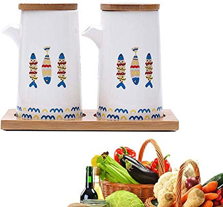 AILZNN Distributeur De Bouteilles D'huile Et De Vinaigre De Table en Porcelaine, Conteneur D'huile De Cuisine Verseur Anti-fuites Set De Bûches à Sauce Anti-poussière avec Plateau,White-2x260ML