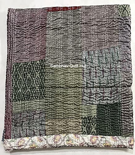 Sambhav Quilt Hub Graue, handgefertigte Seide, Sari-Patola, Queen-Size-Größe, Patchwork-Seide, Kantha-Steppdecke, 228 x 274 cm, Tagesdecke, Seiden-Patola-Steppdecke, Überwurf, Decke (mehrfarbiges