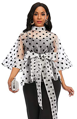 AOMEI Women's White Stand Collar Polka Dot See Through Front Tie Peplum Blouse S