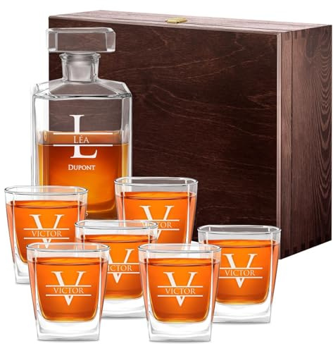 Maverton Ensemble de Carafes Personnalisés a Whisky Rhum Cognac Avec 6 | Verres a Whisky Gravés, 700 ml Service Universel Verre Whisky et Carafe, Monogramme