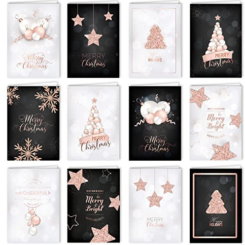 Klasse 12 Weihnachtskarten-Set, Klappkarten mit Umschlägen, Kartenkarten, Geschäftsumschläge, glänzend, Frohe Weihnachten, Weihnachten, Rosa, Rose, Glitzer, Geschenk, Weihnachtsgrüße