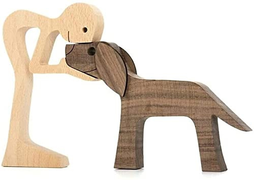 Qklovni Holzskulpturen, handgefertigte Akzente, Bastelfigur für Heimdekoration, Akzente, Familie und Welpen, Holzhandwerk, Skulptur für Zuhause, Büro, Wohnzimmer (Mann und Hund)