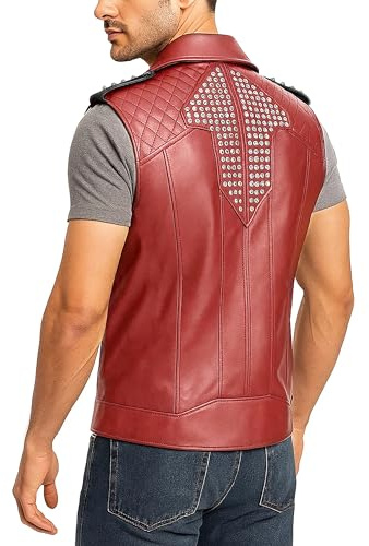 III-Fashions Mens Fashion Love Studded Spikes Rock Punk Red Leather Vest Motorcycle Brando Biker Real Leather Jacket