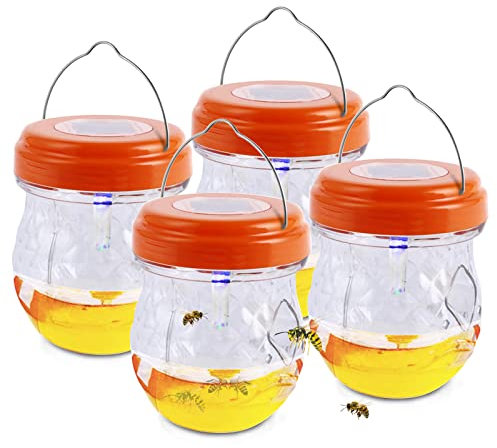 Wasp Trap Solar Powered, Wasp Catcher Hanging for Garden, Wasp Repellent with LED Light, Waspinator & Hornet Trap, Yellow Jacket Traps, Fruit Fly Trap Indoor Outdoor Pest Control (4 Pcs, Orange)