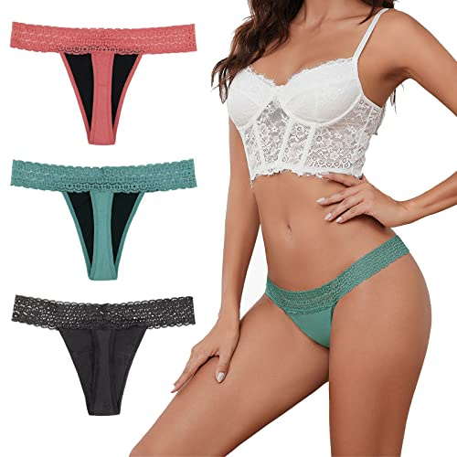 Sexy Periodenunterwäsche für Damen, geruchshemmend, auslaufsicher, 4-lagig, nach der Geburt, saugfähige Höschen aus Spitze, Koralle/Grün/Schwarz, 3er-Pack, XL
