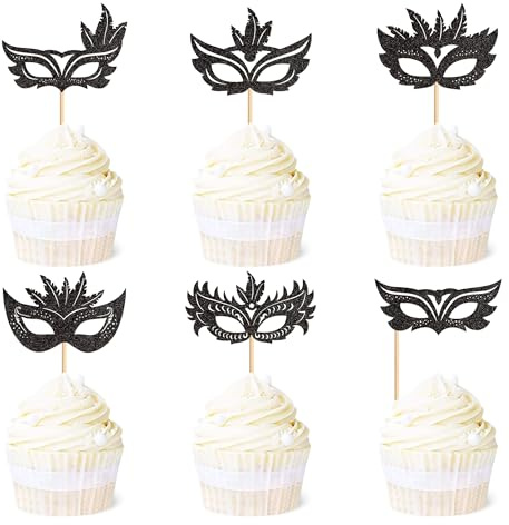 Blumomon 24 Stück Masquerade Cupcake Picks Maske Cupcake Toppers Für Bachelorette Mardi Gras Party Baby Dusche Geburtstagsparty Kuchen Dekorationen Zubehör Kuchendekoration für Maskerade