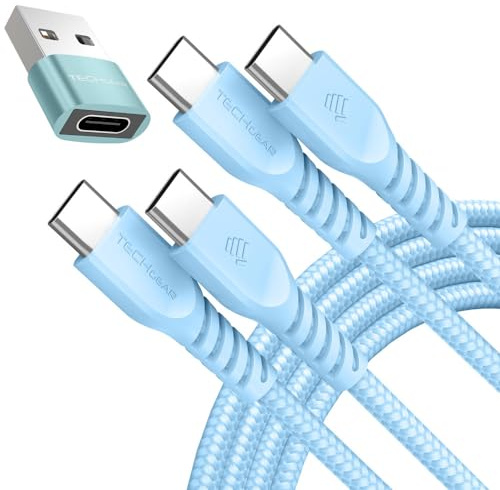 TECHGEAR Cavo caricabatterie da USB C a USB C 60 W (1 M+1 M+adattatore) Cavo intrecciato FORTE da tipo C a C Cavo dati a ricarica rapida compatibile con iPhone 15, iPad Pro 2022, iPad 10th 2022, MacB