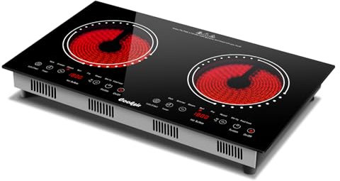 Plaque Vitrocéramique 2 Feux, Cooksir, Plaque de Cuisson avec Prise, Portable et Encastrable, Chaleur Infrarouge, 3600W, 60cm, Panneau en Verre Céramique, Sécurité Enfants, Minuterie