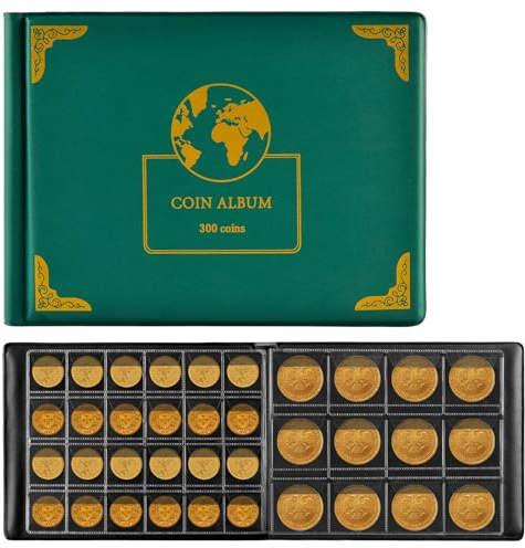 300 Pockets Coin Collection Album Holder Book for Collectors, 300 Pockets Coin Collecting Storage Albums for 20/25/ 27/30/ 38mm Coins- Green