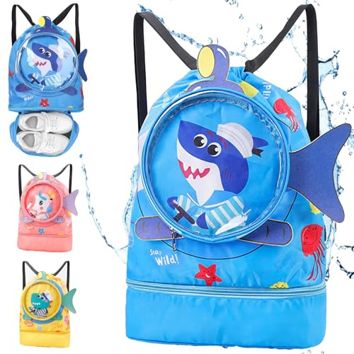 YOUYIKE Mochila con Cordón para Niños, Pequeño Tiburón Mochila Piscina Impermeable Separación en Seco-Húmedo con Compartimento para Zapatos, Adecuado para niños y niñas, Playa, Acampar