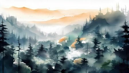 adrium Holz-Bild 70 x 40 cm: Nebeliger Wald in den Bergen. Digitale Aquarellmalerei. (203582269)