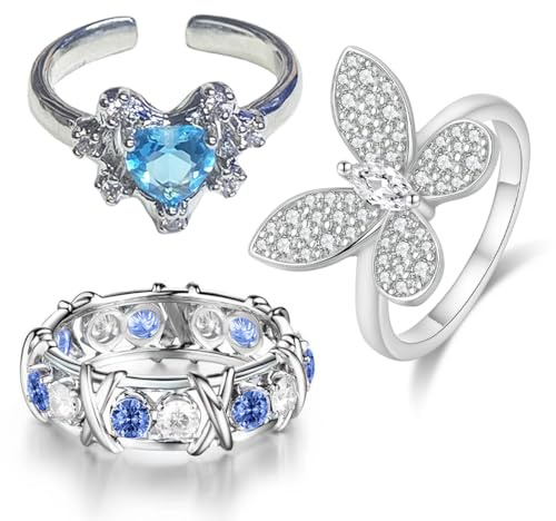ZAMXHUG 3pcs Anelli Regolabili - Set di Anelli Vintage per Nocche A Forma di Intagliate con Motivo Floreale Farfalla, Impilabili, per Donne E Ragazze, Anelli Donna Acciaio Inossidabile zirconi Blu