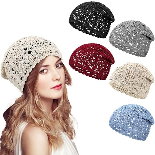 Rivweten 1 x Damen-Häkelmütze, lockere Strickmütze, Baumwolle, handgefertigt, für Sommer, Winter, weich, bequem, Blumenmuster, Totenkopfmütze