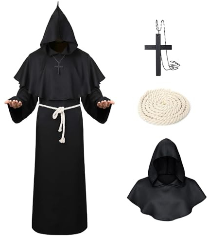 MEIRRAI Disfraz de Monje Sacerdote, Tunica Medieval Hombre Traje con Capucha, con Collar de Cruz y Cinturón, Santo de Cosplay Adulto Fiestas Carnaval (Negro, L)