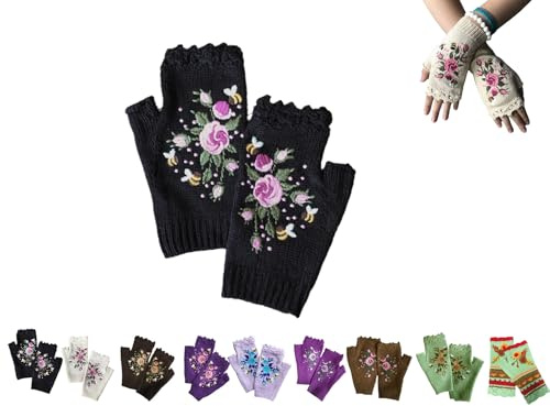 YAQUEKOU - Guanti da donna a maglia con ricamo floreale, senza dita, per l'inverno, con maniche a sbuffo, scaldamani, polsini a maglia, guanti corti a mezza mano senza dita, 02, Taglia unica