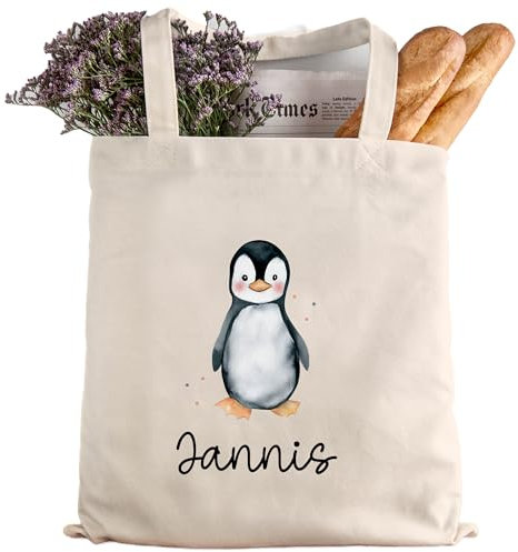 kleinebuchstaben Personalisierte Baumwolltasche Stofftasche mit Wunschname - Kinder Beutel Jutetasche Kindertasche & Wunschname - Wechselwäsche - Tragetasche Jutebeutel (Pinguin)