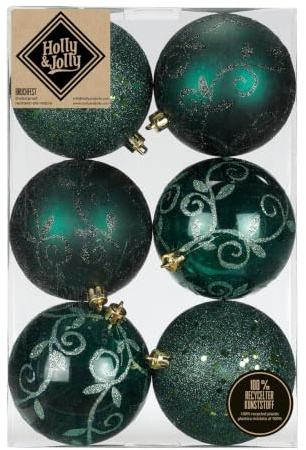 Inge-glas Weihnachtskugeln Kunststoff 8cm 6er Set - bruchsicher & mit Glitzer Muster - Große Christbaumkugeln für Weihnachtsbaum - Weihnachtsbaumkugeln & Christbaumschmuck Dunkelgrün - Noble Green
