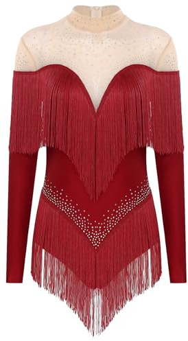 RUNQHUI Damen Latein Tanzkleid Langarm Strass Glitzerkleid Ballettkleid Mit Fransen Tango Chacha Rumba Salsa Lyrisch Eiskunstlauf Tanzkleid